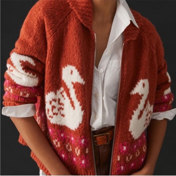 Anthropologie Maeve Rust Orange Knit Cardigan with Swans - Picture 3 of 6